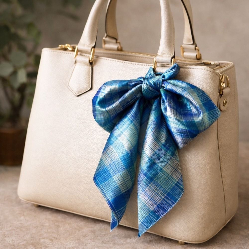 Vintage Blue Plaid Square Scarf Satin Finish ~20"